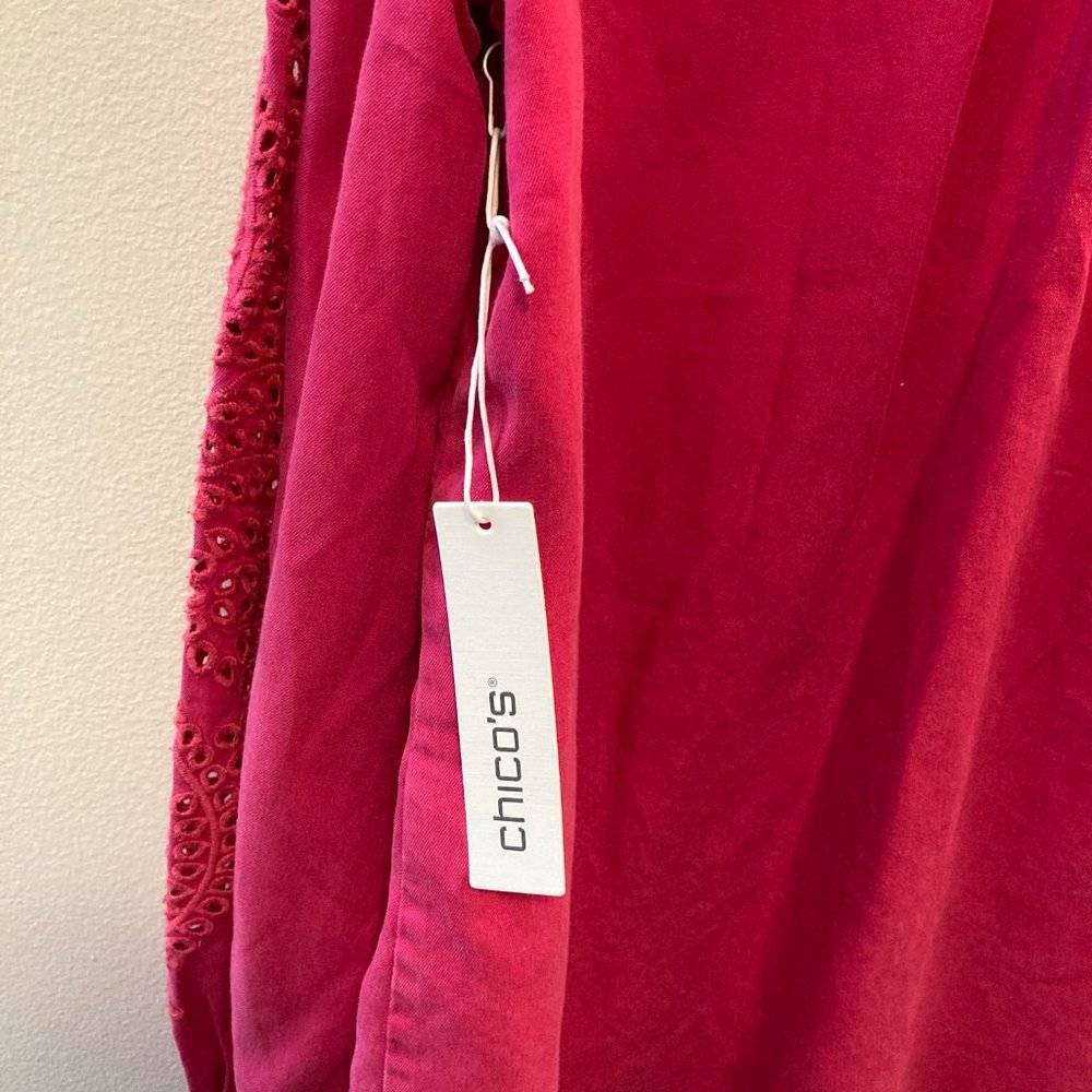 NWT Chico's Denim Shirt Sz 3 (16) Solid & Eyelet Sleeve Very Cherry Grandmacore - Picture 8 of 12